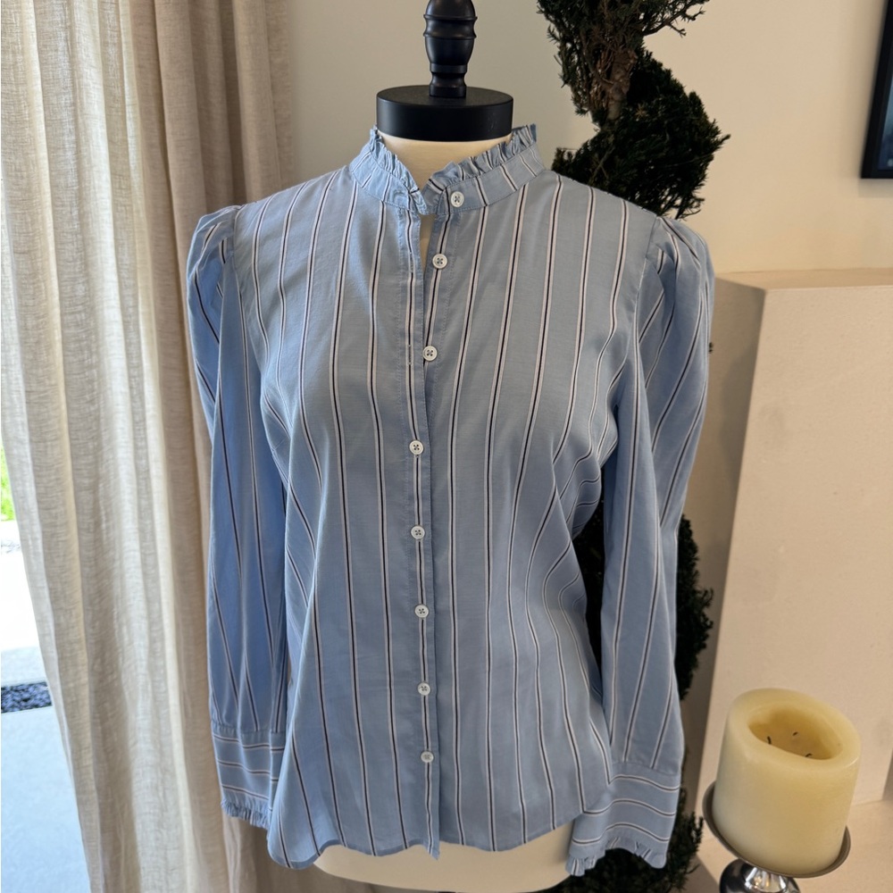 Veronica Beard Light Blue Blouse with Ruffled Bib Collar - Size L - Picture 1 of 11